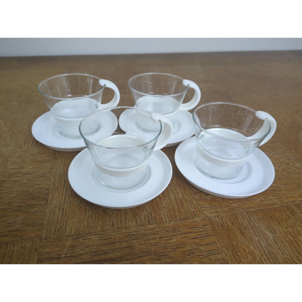 Set‎ of 4 - Retro Bodum Glass Coffee Tea Mugs White Plastic Handle w/ Coasters